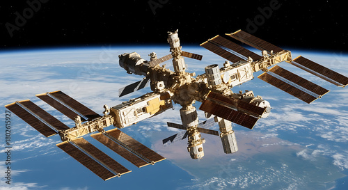 Fototapeta Naklejka Na Ścianę i Meble -  Spectacular orbiting space station against Earth's horizon offers a glimpse into the future of space exploration and scientific discovery, a symbol of international collaboration and innovation