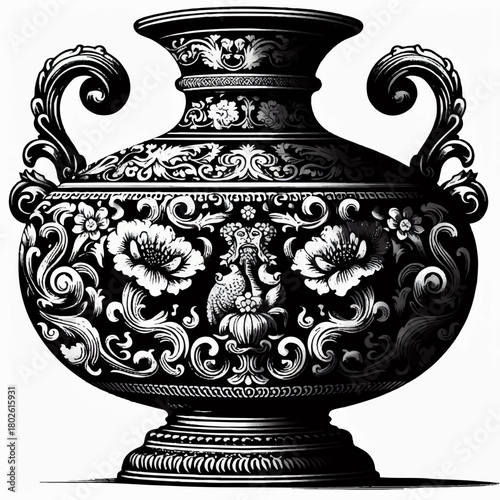 Black and white illustration of an antique ceramic ceremonial urn. Vector graphics. EPS.