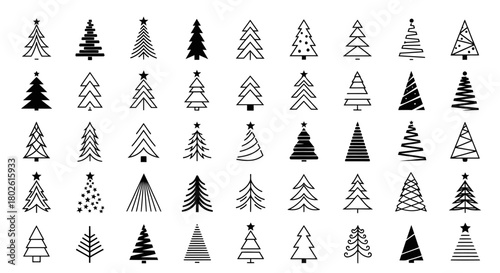 Minimalist Christmas tree icon set, a collection of 50+ unique tree silhouettes in various shapes and styles