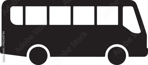 Simple black silhouette icon of a bus with windows and wheels on white background.