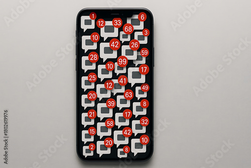 Phone screen filled with message notification icons showing overwhelming digital alerts, symbolizing excessive online communication overload and constant social media activity in modern mobile environ