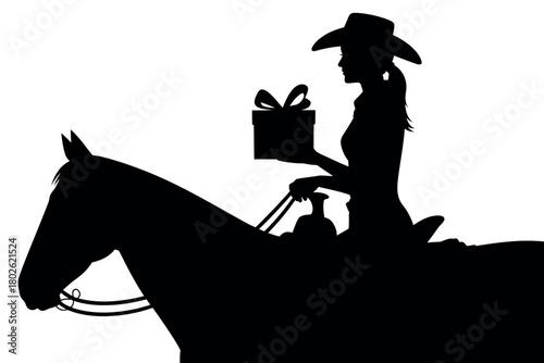 Silhouette of a cowgirl on horseback holding a wrapped gift box with a bow.