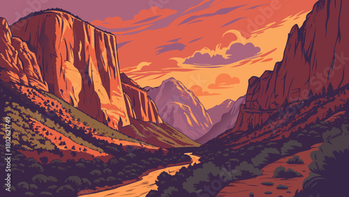 “Zion National Park sunset with cliffs and sky gradient, bold vector”