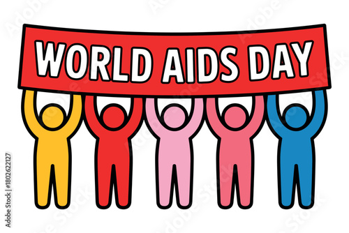 Diverse group of stylized figures hold up a banner for World AIDS Day.