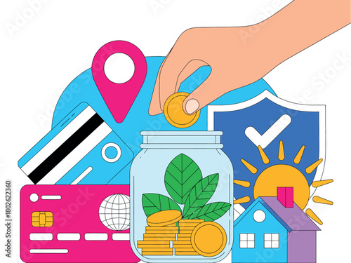 A hand deposits coins into a jar filled with plants and money, symbolizing financial growth.