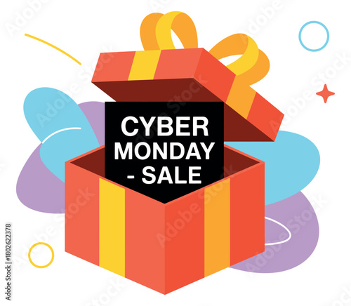 A red gift box opens to reveal a sign that says Cyber Monday Sale.