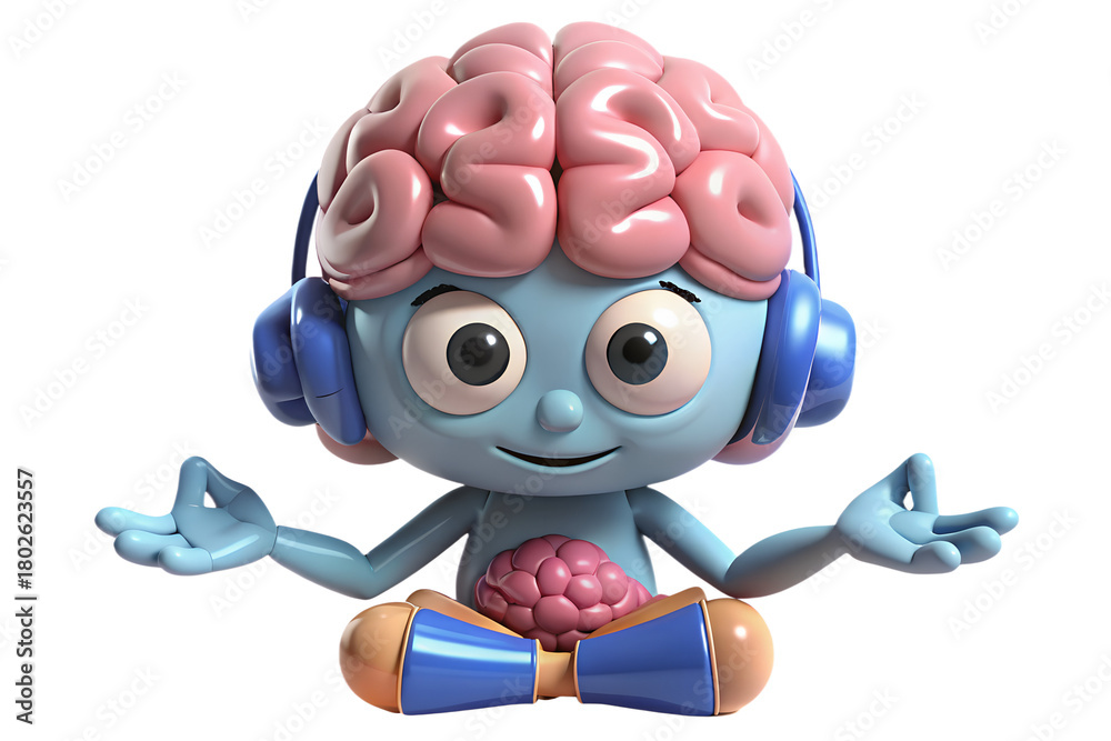 Naklejka premium A cartoon brain character meditating with headphones on a black isolated background in a relaxed pose on transparent background