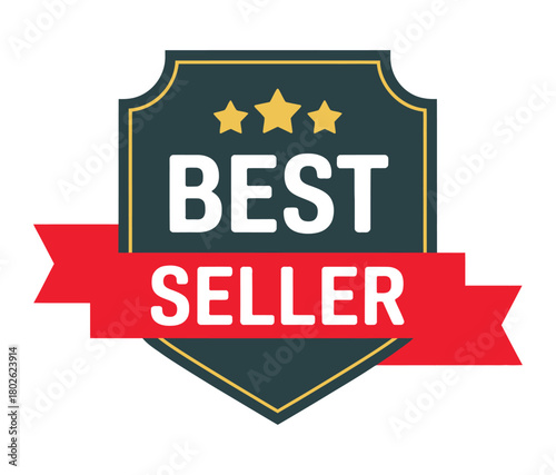 A dark green shield-shaped badge with gold trim is overlaid with a red ribbon banner displaying the text "BEST SELLER" in white capital letters, indicating a highly popular product or item.