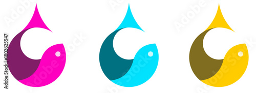 Triple color beautiful design combining abstract fish and water droplet shapes