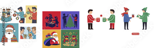 Christmas illustrations of people exchanging gifts and Santa Claus.