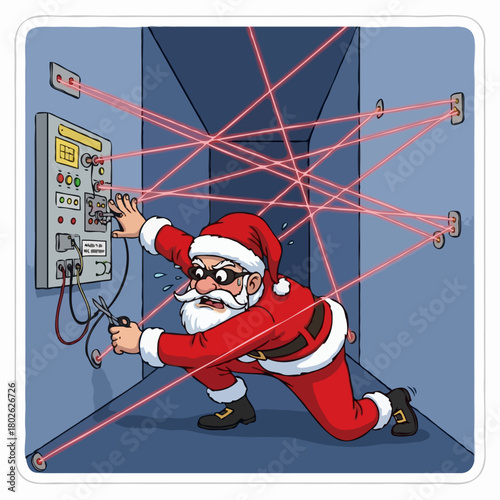 Santa Claus Security Breach: Cartoon Santa Avoiding Laser Beams on a Mission
