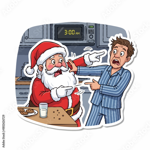 Santa Claus caught eating cookies at 3 AM. Surprised man in pajamas. Christmas funny illustration, late night snack, holiday humor, midnight treat, cartoon character