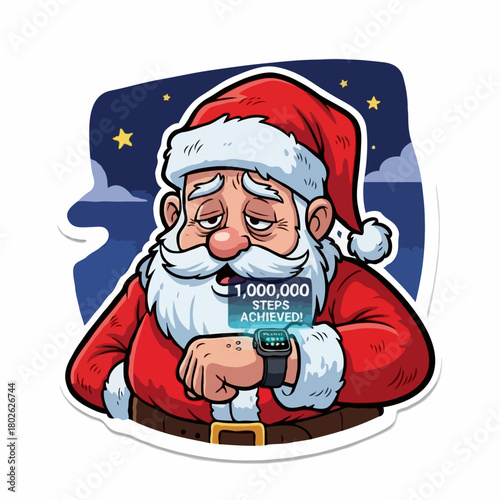 Tired Santa Claus with Fitness Tracker - Christmas Illustration, Holiday Cartoon, Exhausted Santa, Christmas Fatigue, Modern Santa