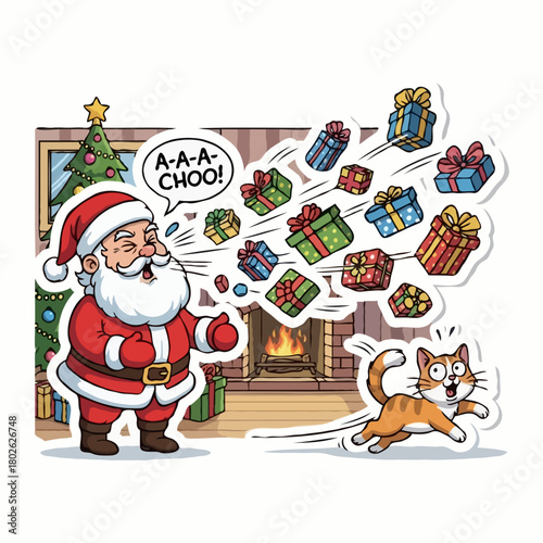 Sneezing Santa Claus with Gifts, Cat, Christmas Tree, Fireplace - Funny Cartoon Illustration for Holiday Season, Christmas Card, Festive Design

