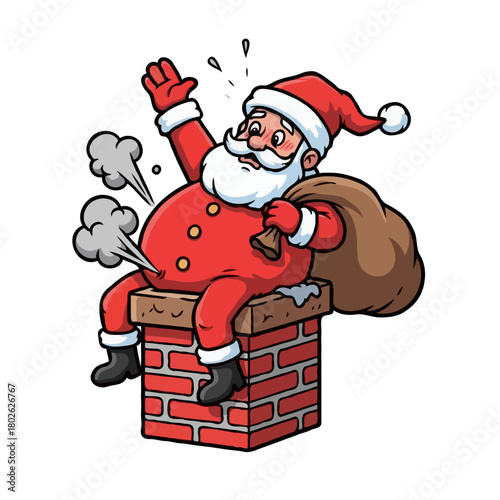 Funny Santa Stuck in Chimney Cartoon Illustration - Christmas Humor