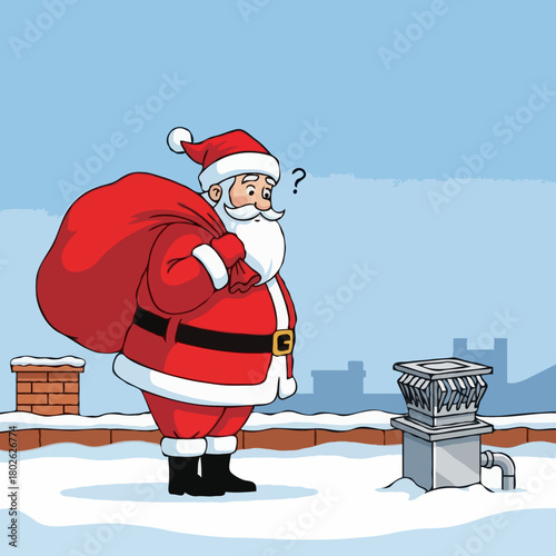 Confused Santa on Roof with Sack: Christmas Cartoon Illustration, Doubtful Santa Claus, Rooftop Delivery, Winter Holiday