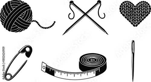 Knitting and Sewing Tools Vector Set with Yarn Ball, Needles, Tape Measure, and Safety Pin Illustration 