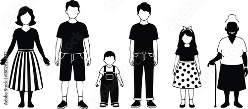 Family members generation vector showing diverse ages and genders in black and white silhouette style 
