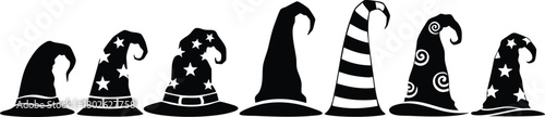 Witch hats in various whimsical black and white patterns vector illustration with Halloween theme and magical style 