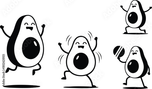 Playful avocado characters dancing and playing with cheerful expressions in black and white vector illustration 