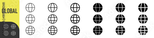 Global, Globe or world icon set. website icon in editable stroke, outline. for global network, internet, web, and international concepts, world, website, communication, and worldwide networking