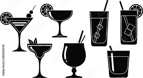 Cocktail Drinks Vector Illustration with Various Glasses and Citrus Garnishes in Black and White Style 