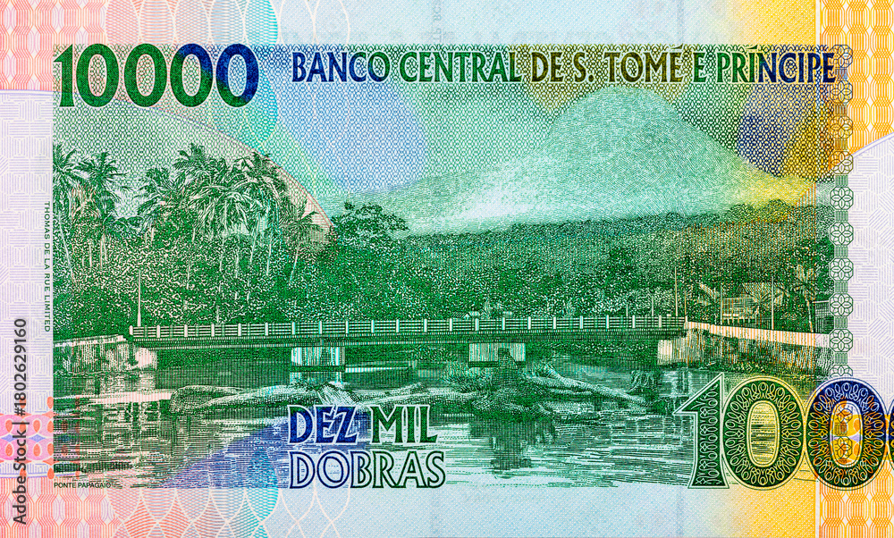 custom made wallpaper toronto digital10000 Dobras, Sao Tome and Principe with the image of the Ponte Papagaio bridge and a river landscape. Paper money of Sao Tome and Principe