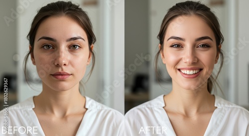 Split screen, young tired woman before and happy smiling after light fresh natural makeup and face massage. Subtle but great changes after a day of rest. Young mum concept, self-care, rest