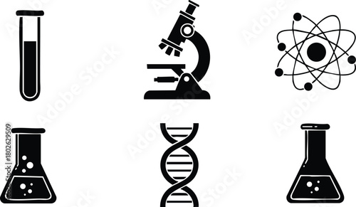Science icons set with microscope, DNA strand, test tubes, and chemical flasks vector illustration for education and research uses 