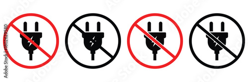No Electric Plug Warning Icons – Power Restriction, Prohibited Socket and Safety
 Sign Vector Set