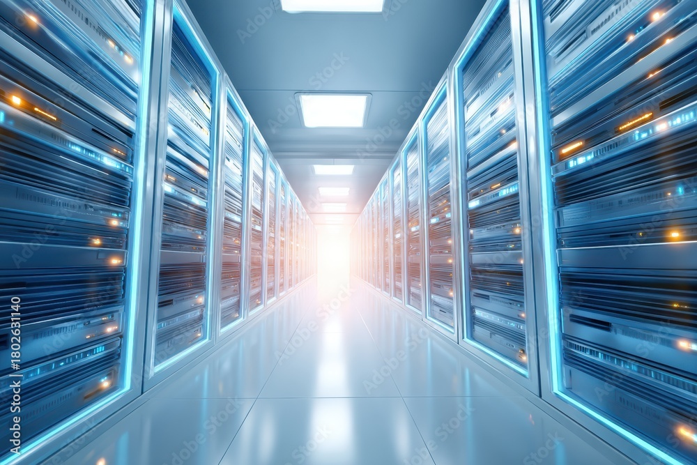 Fototapeta premium Futuristic data center corridor with illuminated server racks