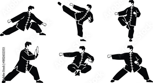 Martial arts kung fu poses vector set with six black silhouette figures demonstrating traditional Chinese fighting stances 