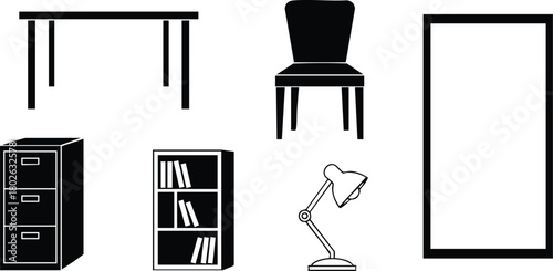Office furniture set including desk chair filing cabinet bookshelf lamp and mirror simple vector illustration 