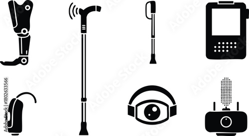 Prosthetic leg and hearing aid devices with assistive technology icons vector illustration 