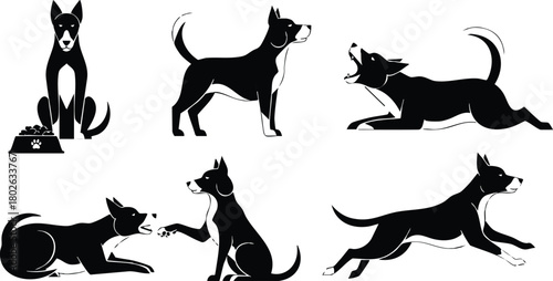 Black dog silhouette set showing different playful and resting poses vector illustration 