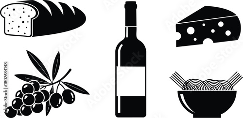 Bread cheese wine grapes and pasta vector set of Italian food ingredients illustration 