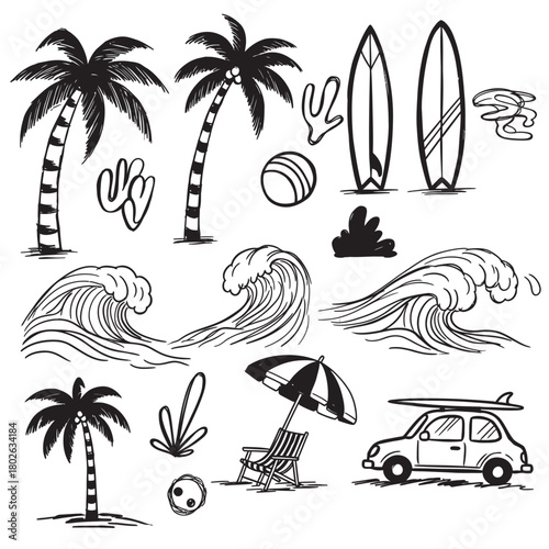 Hand drawn black and white sketch of a tropical beach scene with surfboards palm trees waves and beach chair