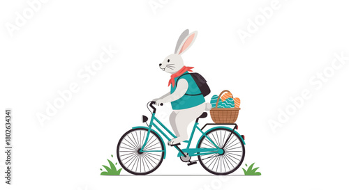 Whimsical white easter bunny wearing a red scarf and teal vest rides a teal bicycle with a basket of colorful eggs