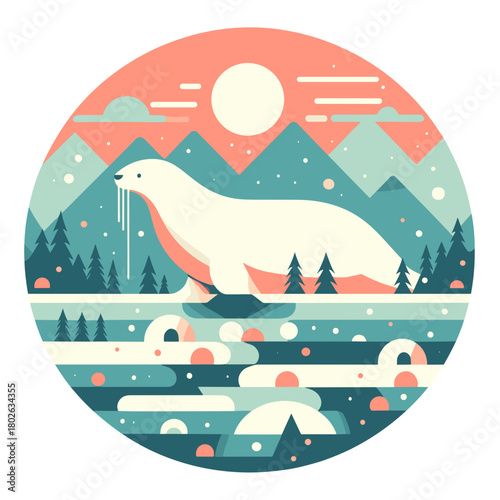 Stylish walrus in a colorful winter landscape with mountains and sun