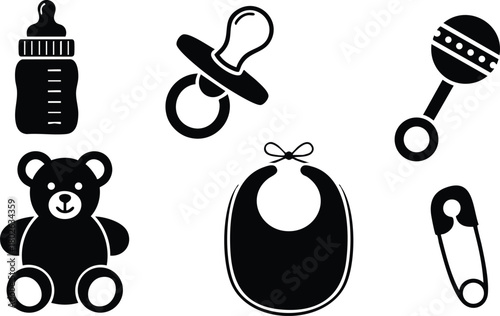 Baby Items Set Including Bottle Pacifier Rattle Teddy Bear Bib and Safety Pin Vector Illustration 