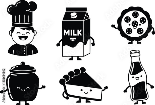 Cute chef pizza pot milk carton slice of pie and bottle vector illustration with happy faces and arms 