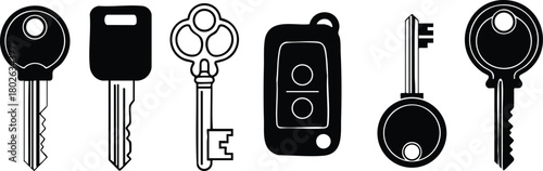 Various black and white key icons and remote key illustration for security and access design purposes 