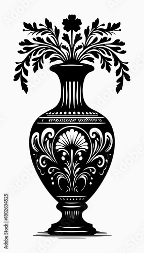 Black and white illustration of an antique ceramic decorative vase with flowers on a white insulated background. Vector graphics. EPS.