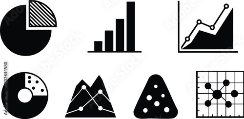 Data visualization icons set including pie charts, bar charts, line graphs, and scatter plots vector illustration collection 