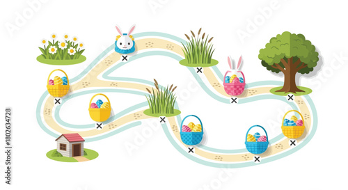 Easter egg hunt map with bunny baskets colorful eggs flowers reeds a tree and a small house