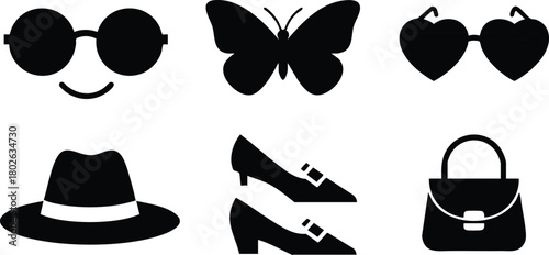 Fashion accessories collection including sunglasses hat high heels handbag and butterfly vector icons black silhouette 