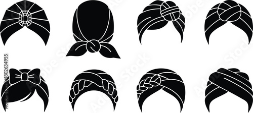 Collection of vintage and modern womens headscarves and turban styles vector illustration in black silhouette 