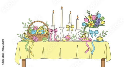A charming easter table setting with decorated eggs candles flowers and bunnies on a yellow tablecloth
