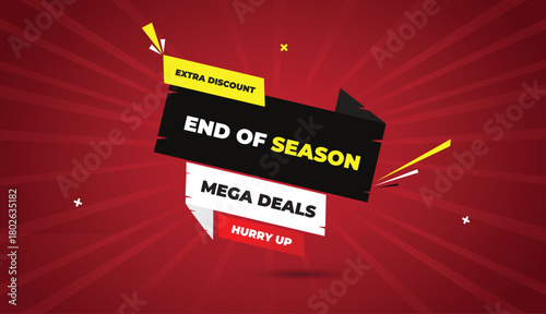 end of season mega deals extra discount hurry up web banner vector art template design badge icon label black yellow white red shapes bold text dark red light sun shine abstract business background