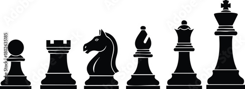 Chess pieces vector set with pawn rook knight bishop king queen black silhouette design for board game strategy 
